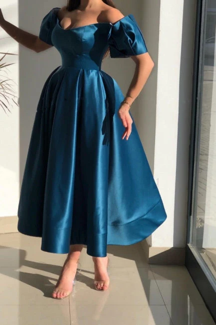 Glorious Blue Off-the-shoulder A-Line Ankle-Length Satin Evening Dresses - Image 2