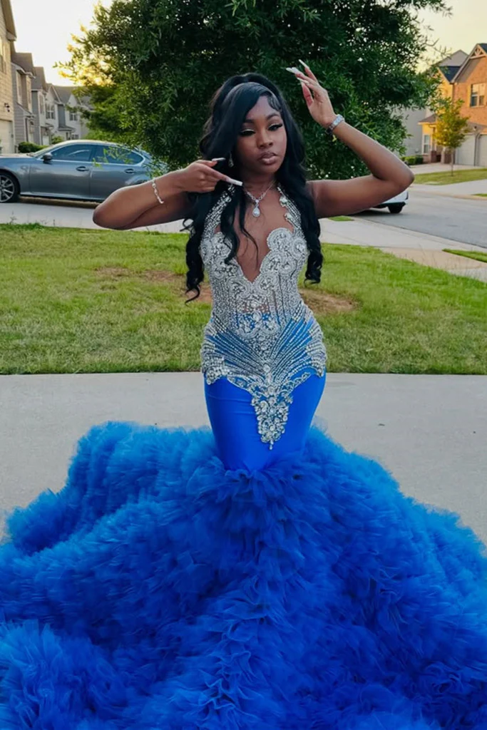 Elegant Blue Ruffles Mermaid Fit and Flare Silver Beaded Prom Dresses - Image 2
