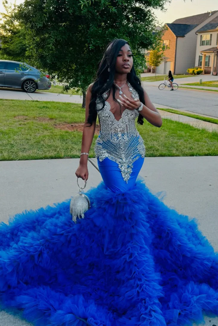 Elegant Blue Ruffles Mermaid Fit and Flare Silver Beaded Prom Dresses - Image 3