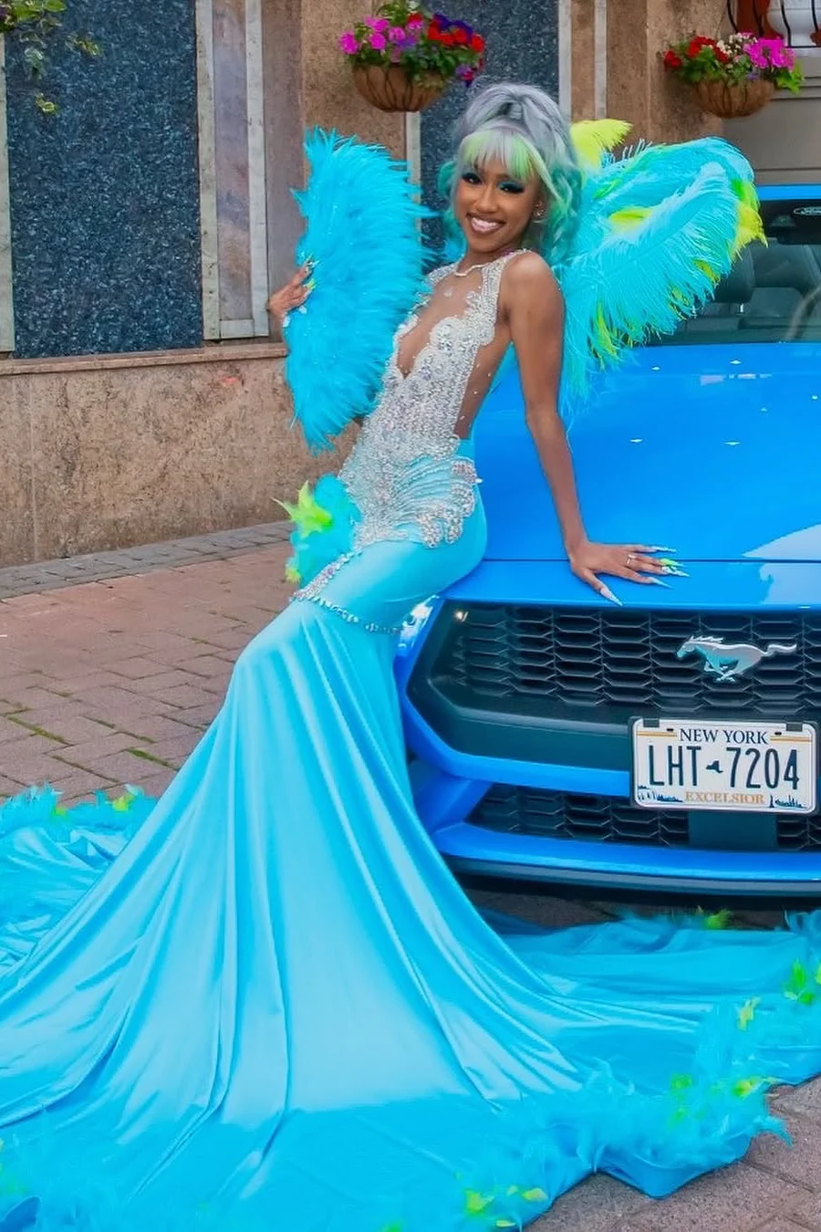 Elegant Blue Silver Sequined Feathers Mermaid Long Prom Dresses - Image 2