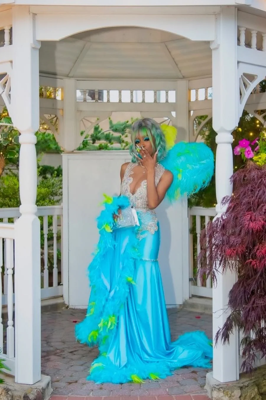 Elegant Blue Silver Sequined Feathers Mermaid Long Prom Dresses - Image 4