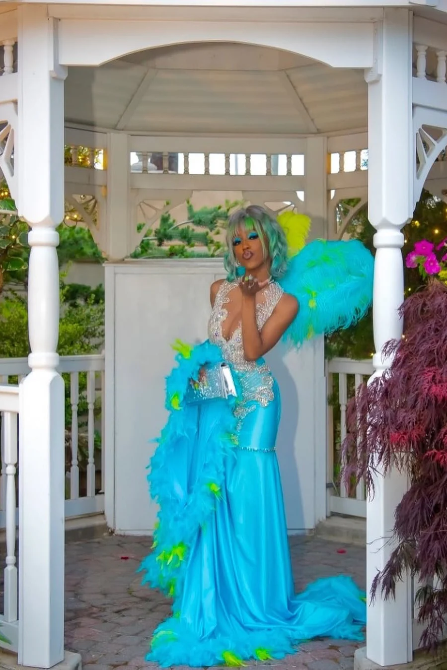 Elegant Blue Silver Sequined Feathers Mermaid Long Prom Dresses - Image 6