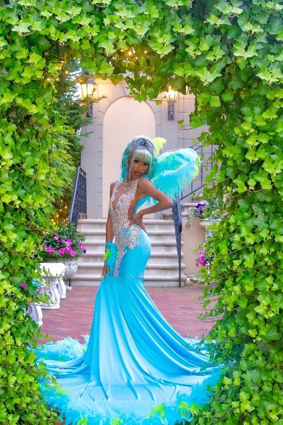 Elegant Blue Silver Sequined Feathers Mermaid Long Prom Dresses - Image 8