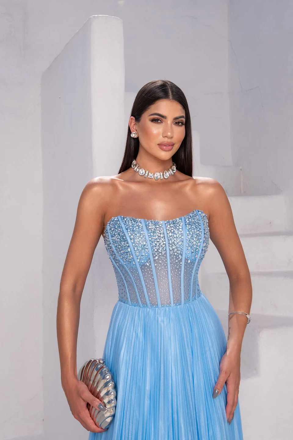 Elegant Blue Strapless Sleeveless Prom Dresses Long A-Line Gem With Zipper - Image 2