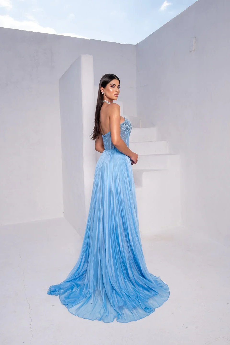 Elegant Blue Strapless Sleeveless Prom Dresses Long A-Line Gem With Zipper - Image 3