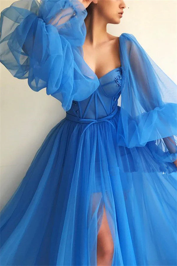 Elegant Blue Tulle Long Sleeves Prom Dress Sweetheart Long Beaded With Slit - Image 3