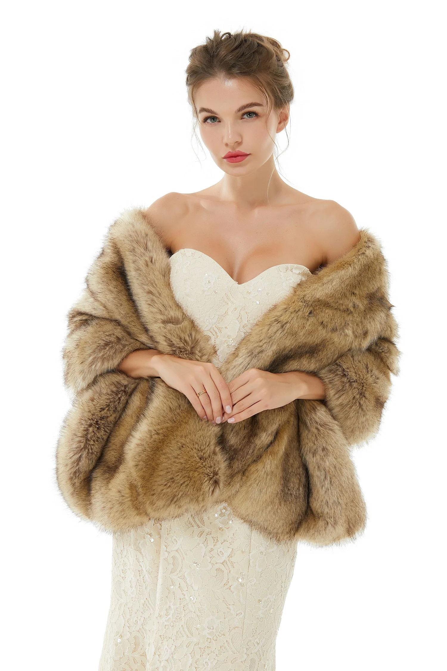 Elegant Brown Faux Fur Wedding Shawl For Bride - Image 3