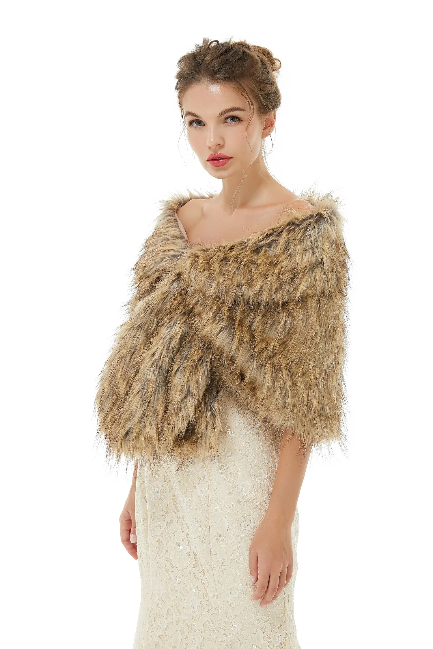 Elegant Brown Faux Fur Wedding Shawl Winter Bridal Covers - Image 3