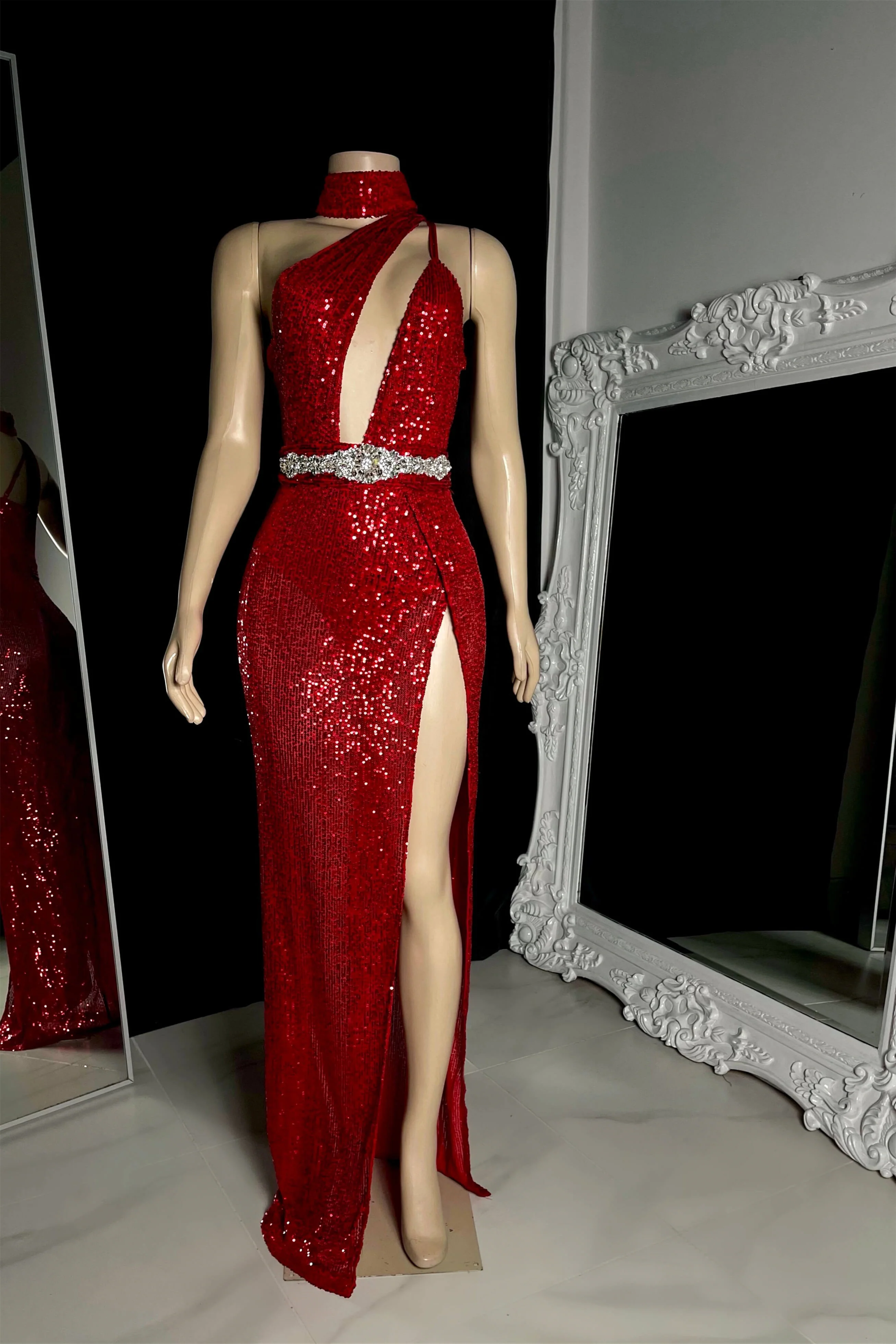 Elegant Burgundy One Shoulder Sleeveless Sequins Prom Dresses Mermaid Sheath With Zipper - Image 3