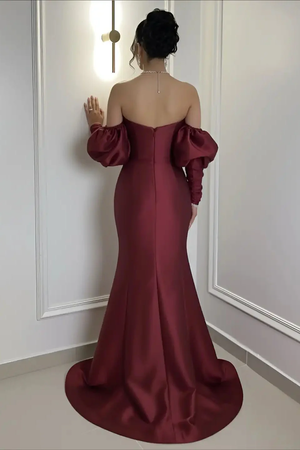 Elegant Burgundy Strapless Satin Mermaid Prom Dress Column Detachable Sleeves With Zipper - Image 2