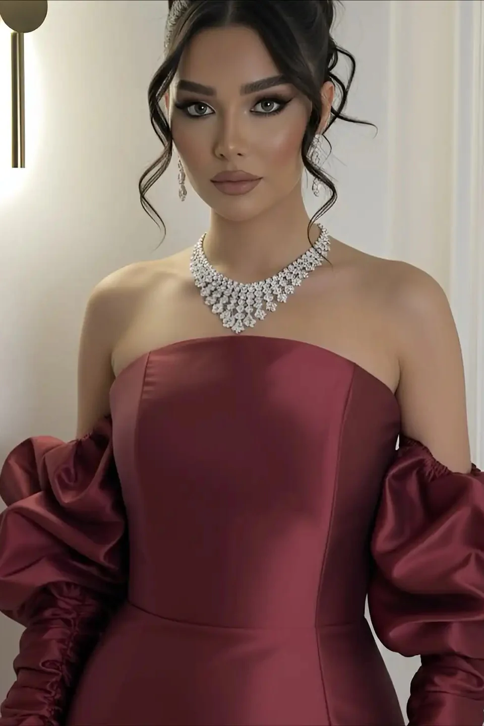 Elegant Burgundy Strapless Satin Mermaid Prom Dress Column Detachable Sleeves With Zipper - Image 3