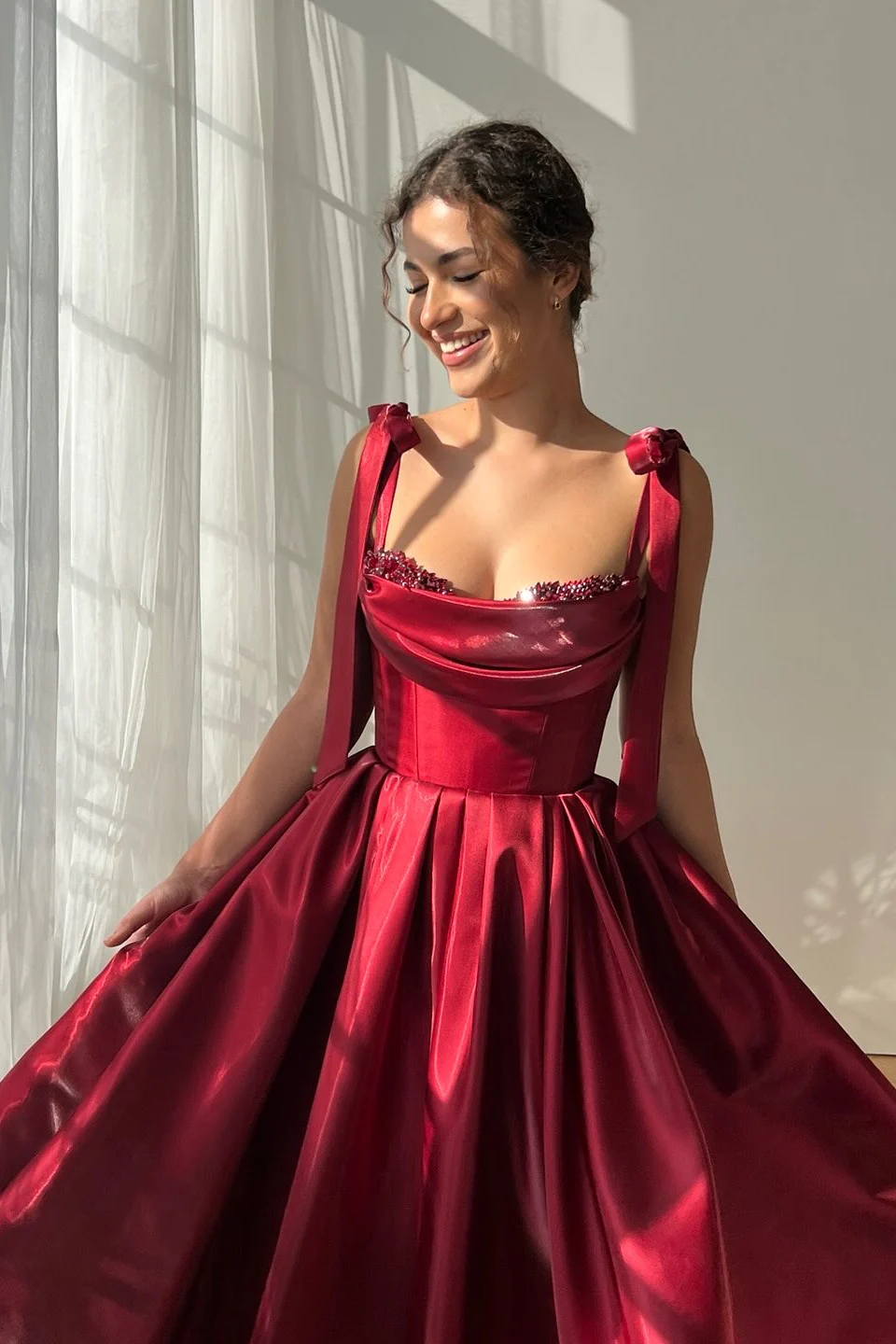 Elegant Burgundy Straps Sleeveless Satin Prom Dresses A-Line Ankle Length With Beads - Image 2