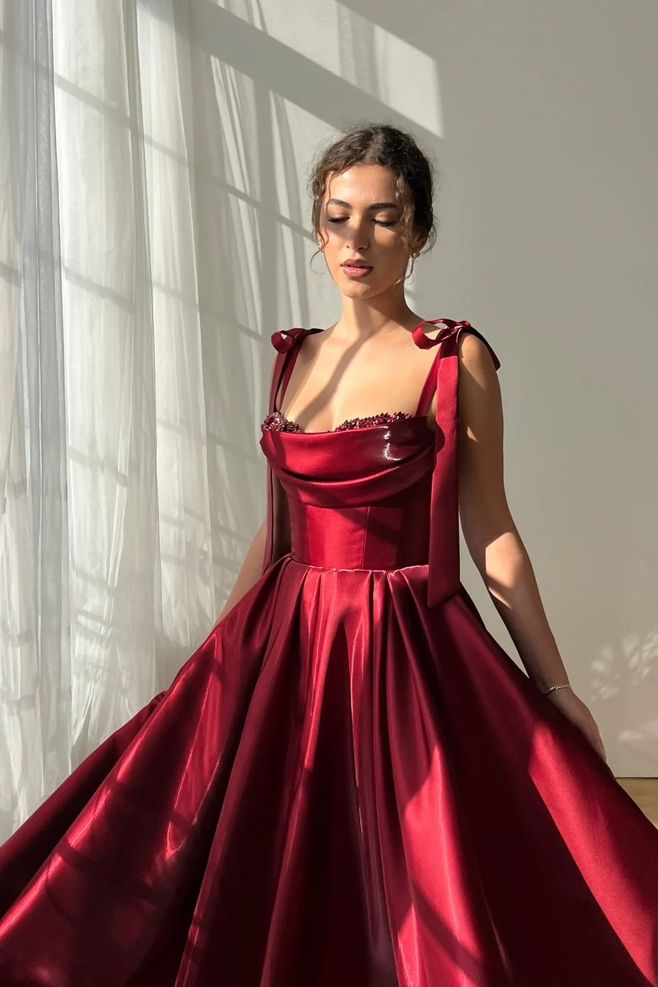 Elegant Burgundy Straps Sleeveless Satin Prom Dresses A-Line Ankle Length With Beads - Image 3