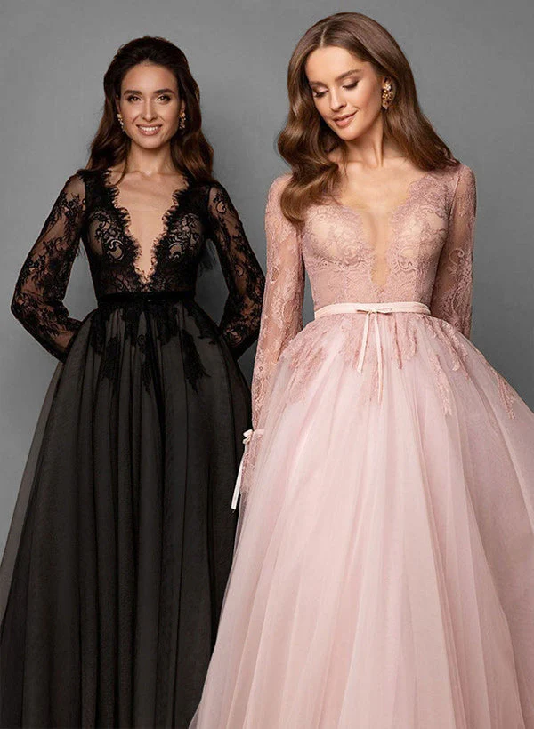 Elegant Chic A-line V-Neck Long Sleeves Lace Tulle Sweep Train Wedding Dresses Featuring Lace - Image 2