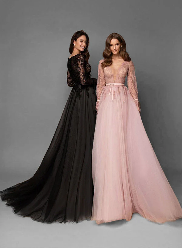 Elegant Chic A-line V-Neck Long Sleeves Lace Tulle Sweep Train Wedding Dresses Featuring Lace - Image 3