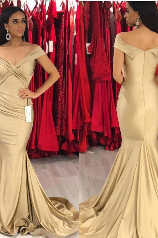 Elegant Chiffon Off-the-shoulder Gold Mermaid Evening Dress Long - Image 3