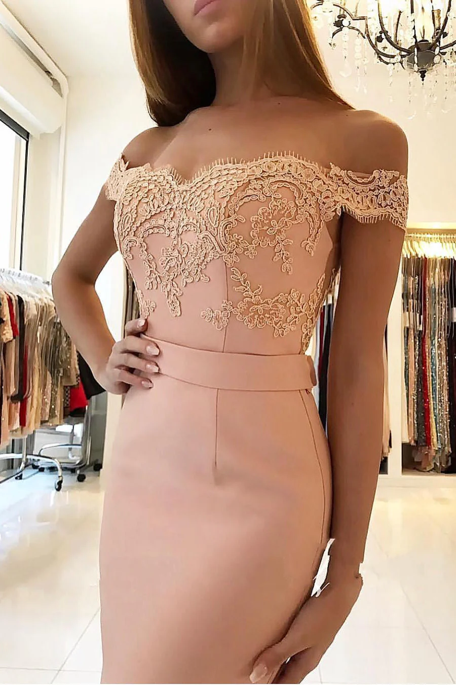 Elegant Chiffon Off-the-shoulder Lace Evening Dress Long Black Or Pink - Image 3