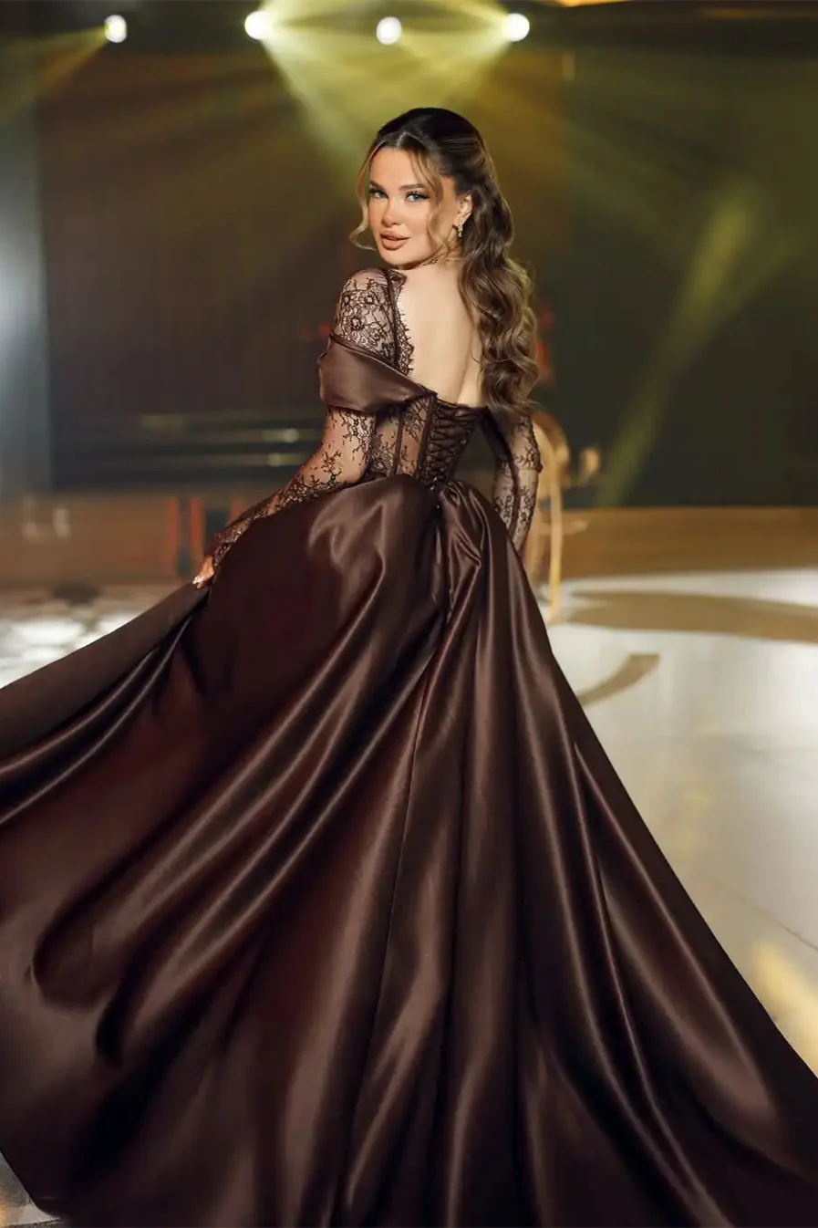 Elegant Chocolate Sweetheart Hi-Lo Satin Lace Prom Dress Long Sleeves With Lace-Up Back - Image 2