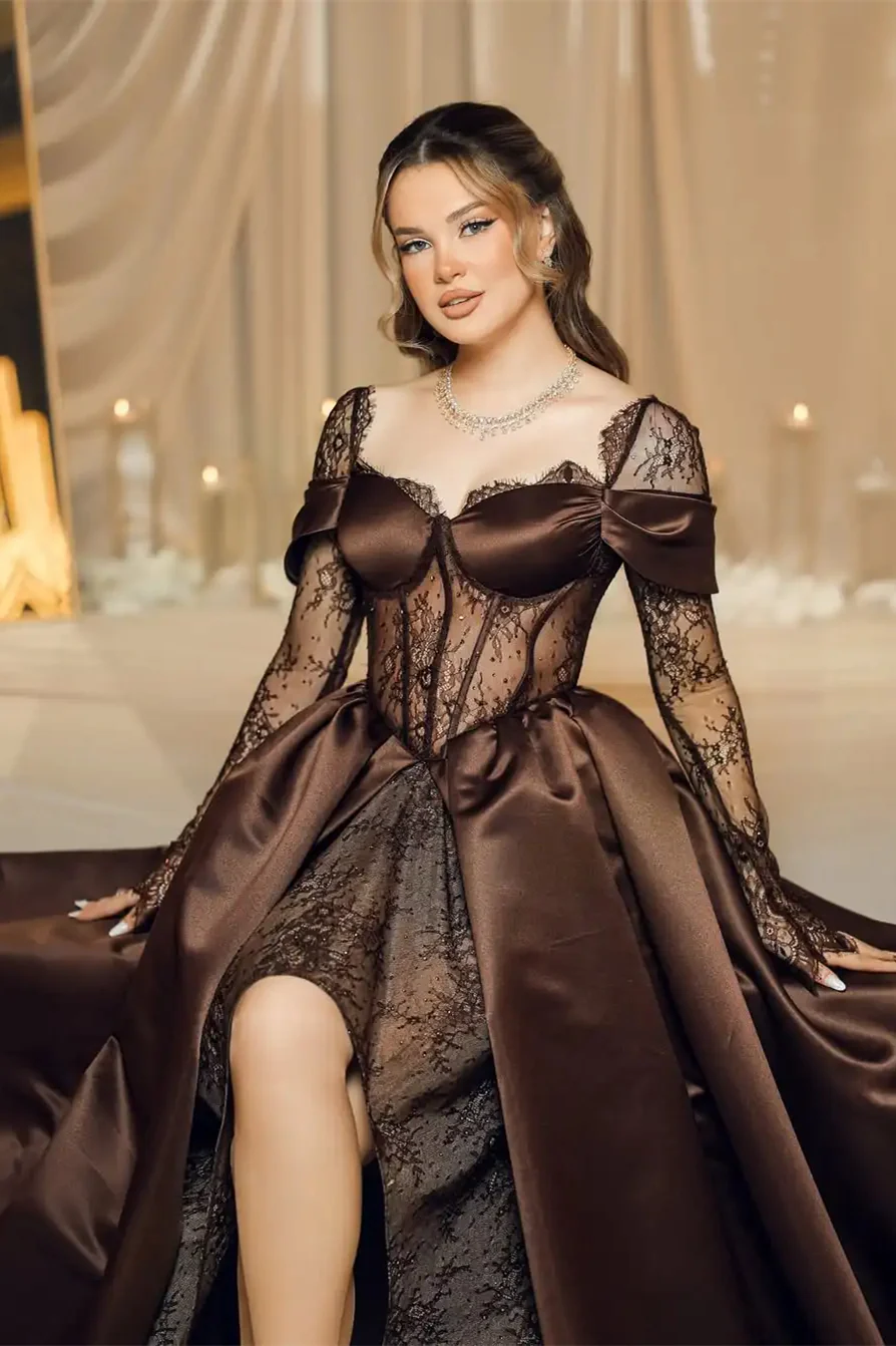 Elegant Chocolate Sweetheart Hi-Lo Satin Lace Prom Dress Long Sleeves With Lace-Up Back - Image 3