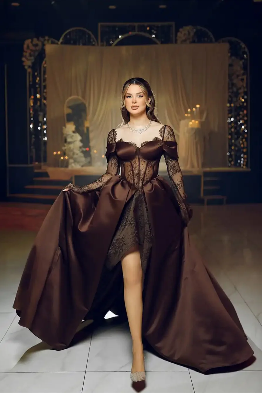 Elegant Chocolate Sweetheart Hi-Lo Satin Lace Prom Dress Long Sleeves With Lace-Up Back - Image 5