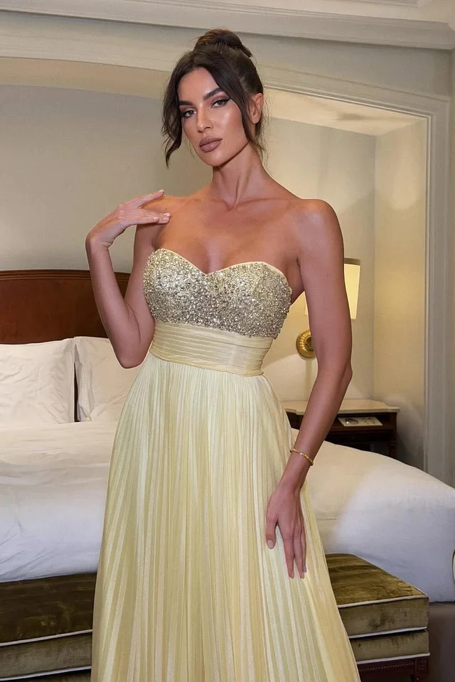Elegant Daffodil Sweetheart Strapless Sleeveless Prom Dresses A-Line Long With Gem - Image 2
