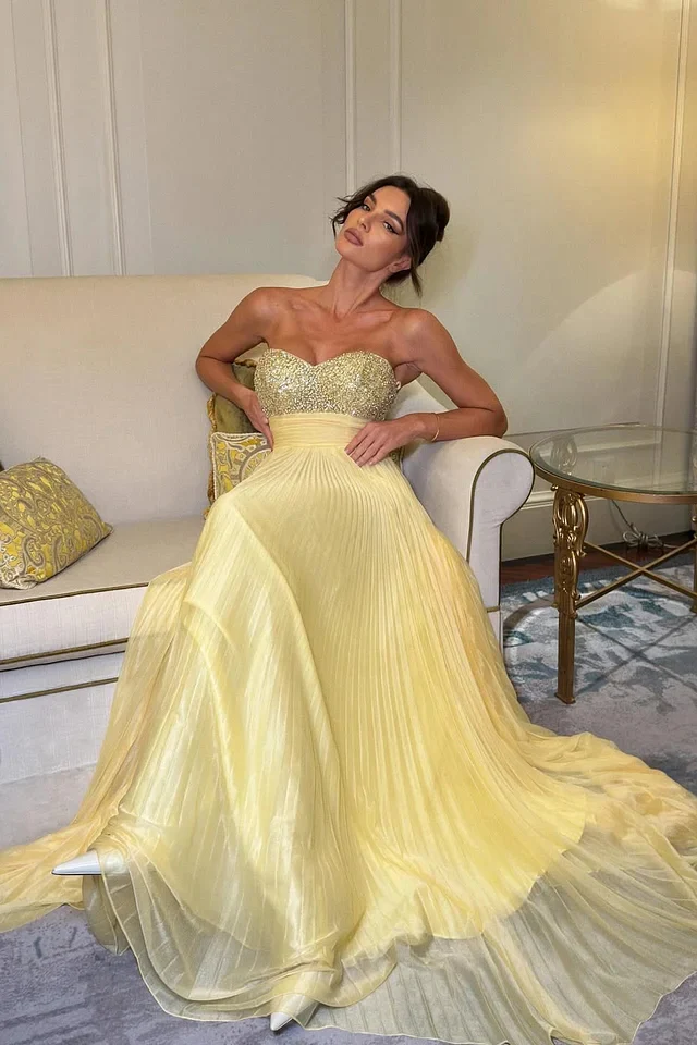 Elegant Daffodil Sweetheart Strapless Sleeveless Prom Dresses A-Line Long With Gem - Image 3