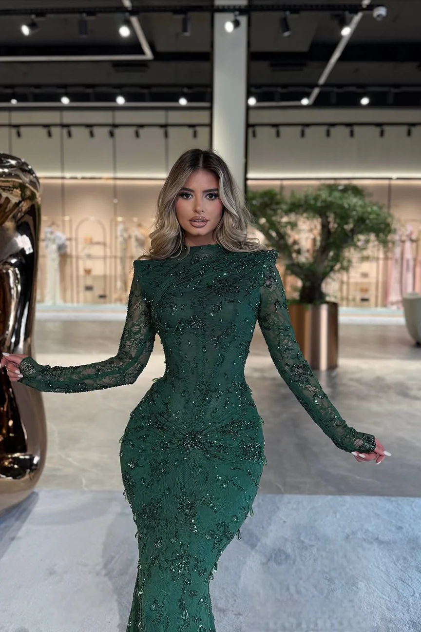 Elegant Dark Green High Collar Long Sleeves Mermaid Prom Dresses Column With Gem - Image 2