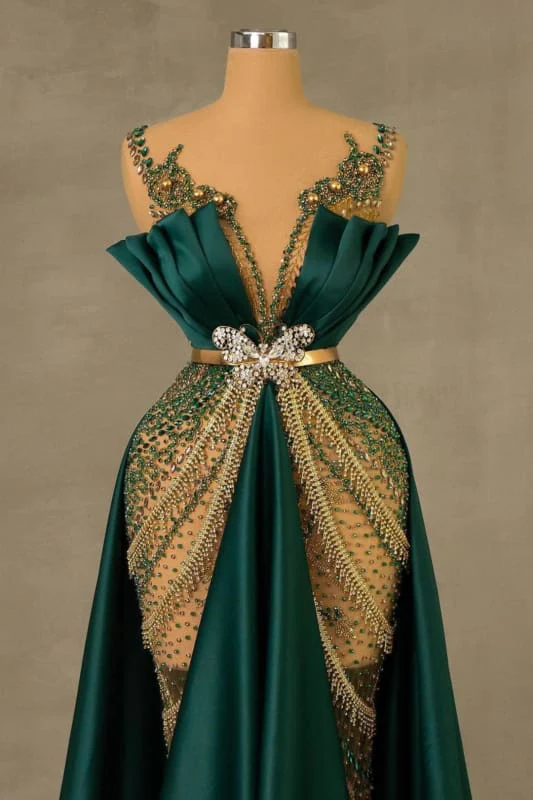 Elegant Dark Green V-neck Luxury Beaded Mermaid Court Train Prom Dresses - Image 2