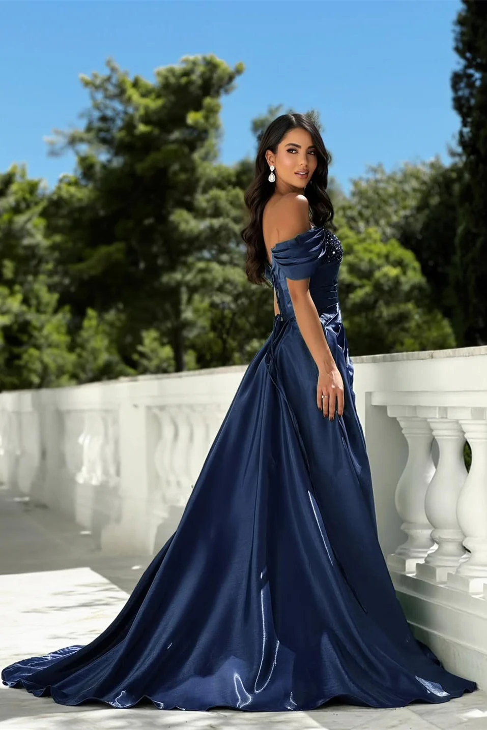 Elegant Dark Navy Off-The-Shoulder Satin Prom Dresses A-Line High Split Beads With Lace-Up Back - Image 2