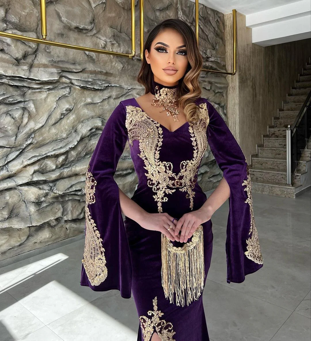 Charming Sweetheart Long Sleeves Mermaid Prom Dresses Long Slit Online - Image 2