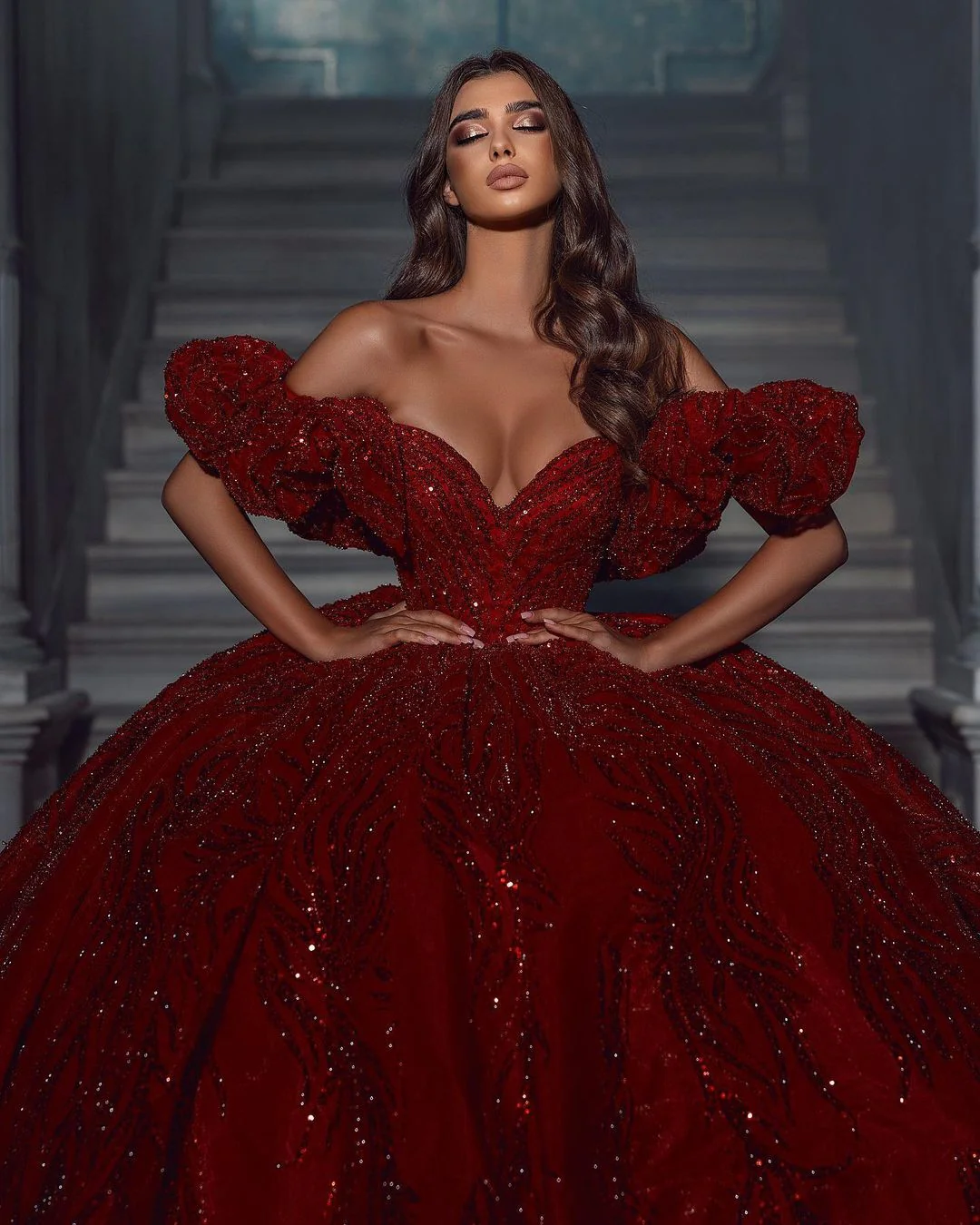 Charming V-Neck Sleeveless Off-the-Shoulder Sequins Wedding Dress With Ruffles Long - Image 2