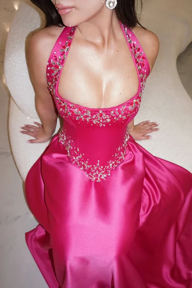 Elegant Fuchsia Halter Sleeveless Satin Prom Dress A-Line Long With Gem - Image 2