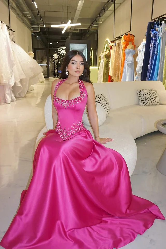 Elegant Fuchsia Halter Sleeveless Satin Prom Dress A-Line Long With Gem - Image 3