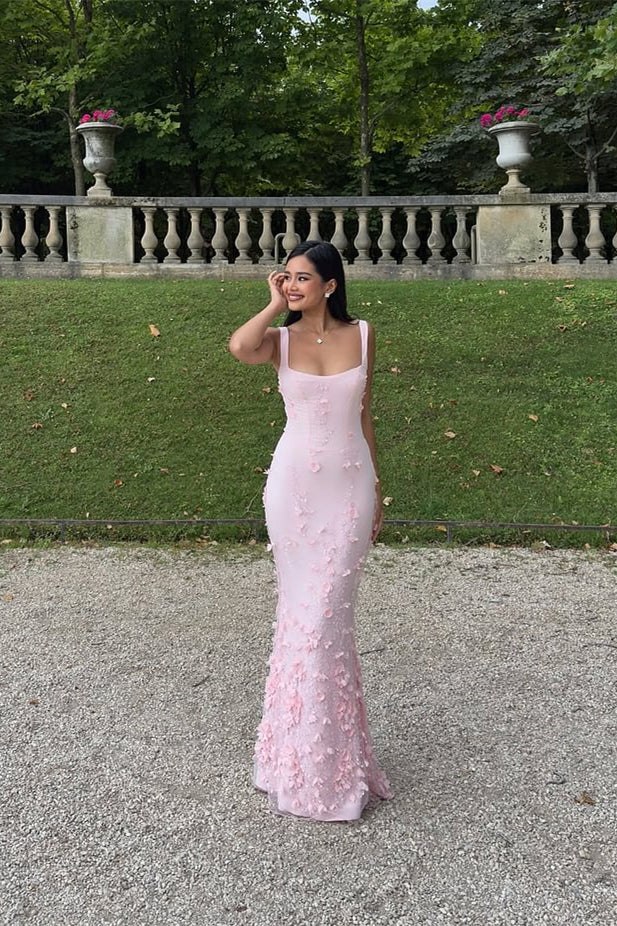 Elegant Heavenly Pink Square Straps Mermaid Prom Dresses Sleeveless With Flower Beads - Image 3
