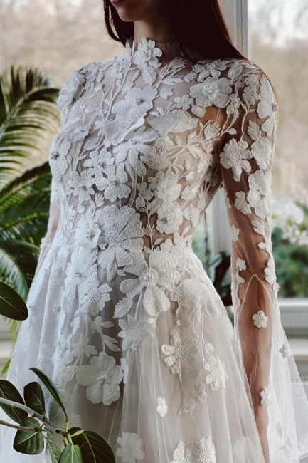 Gorgeous High Collar Long Sleeves A-Line Lace Wedding Dresses with Chapel Train - Image 2