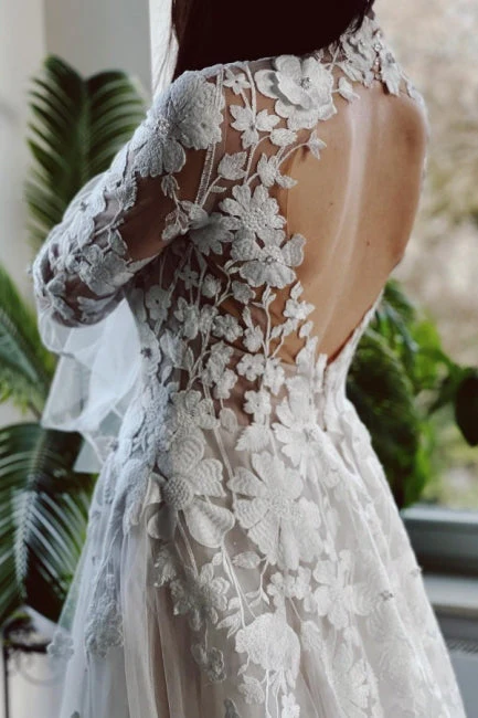 Gorgeous High Collar Long Sleeves A-Line Lace Wedding Dresses with Chapel Train - Image 3