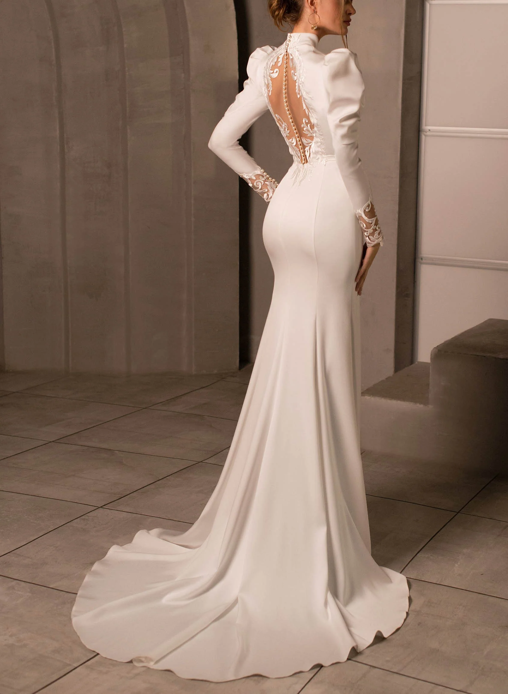 Elegant High Neck Long Sleeves Lace Back Wedding Dresses - Image 5
