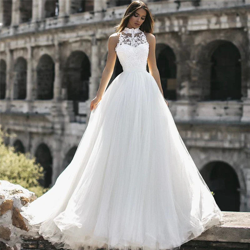 Elegant High Neck Sleeveless Appliques A-Line Floor-Length Wedding Dresses - Image 2