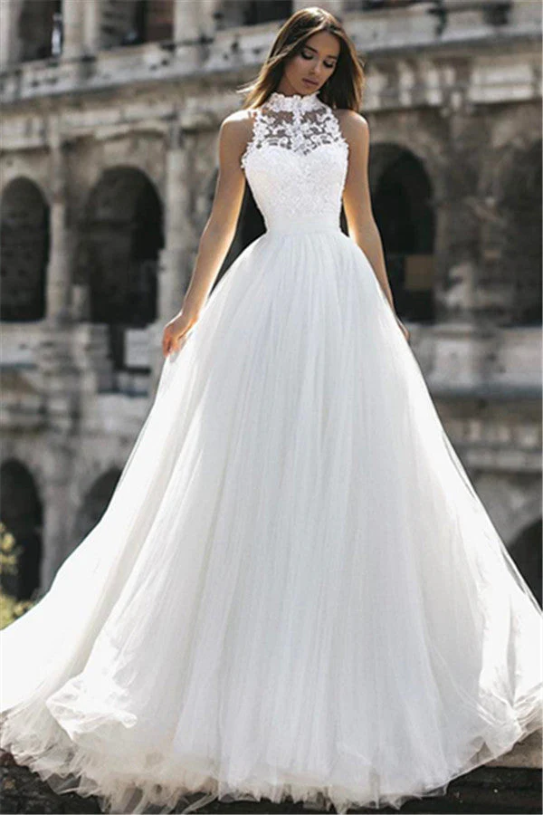 Elegant High Neck Sleeveless Appliques A-Line Floor-Length Wedding Dresses - Image 3