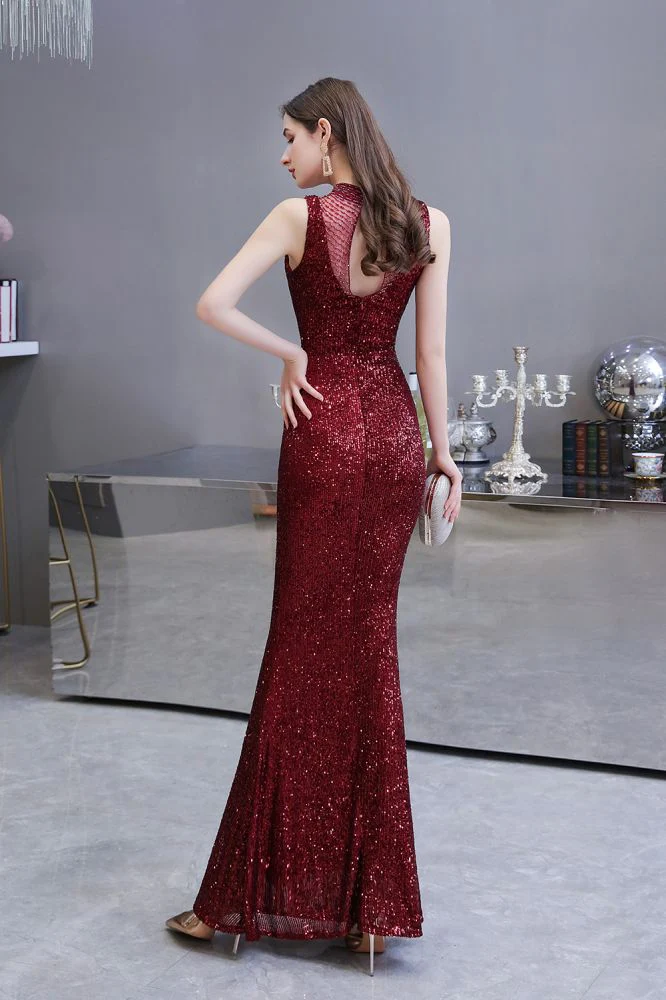 Elegant Illusion neck Burgundy Sleeveless Mermaid Prom Party Gowns - Image 2