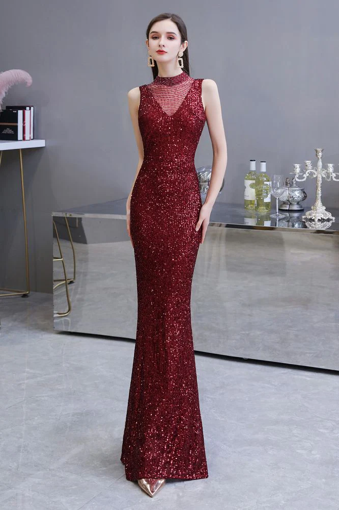 Elegant Illusion neck Burgundy Sleeveless Mermaid Prom Party Gowns - Image 3