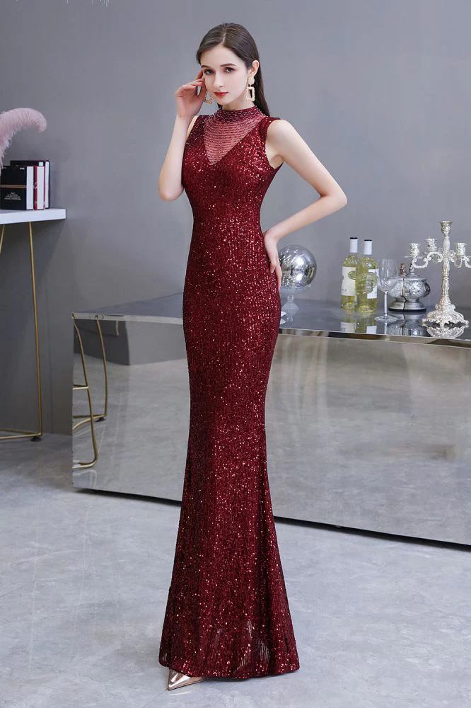 Elegant Illusion neck Burgundy Sleeveless Mermaid Prom Party Gowns - Image 4
