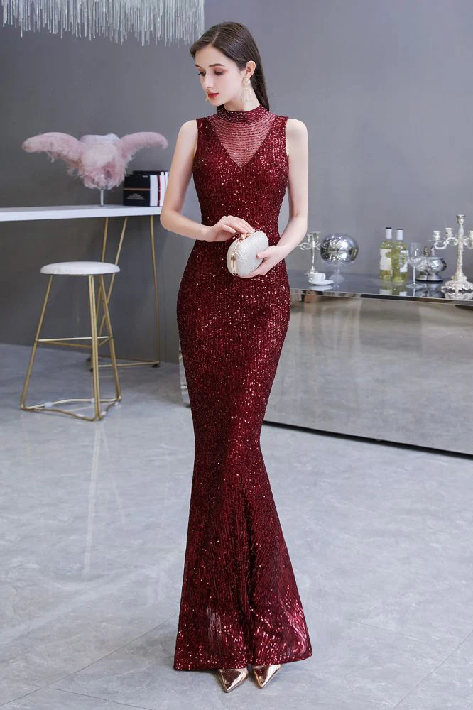 Elegant Illusion neck Burgundy Sleeveless Mermaid Prom Party Gowns - Image 5