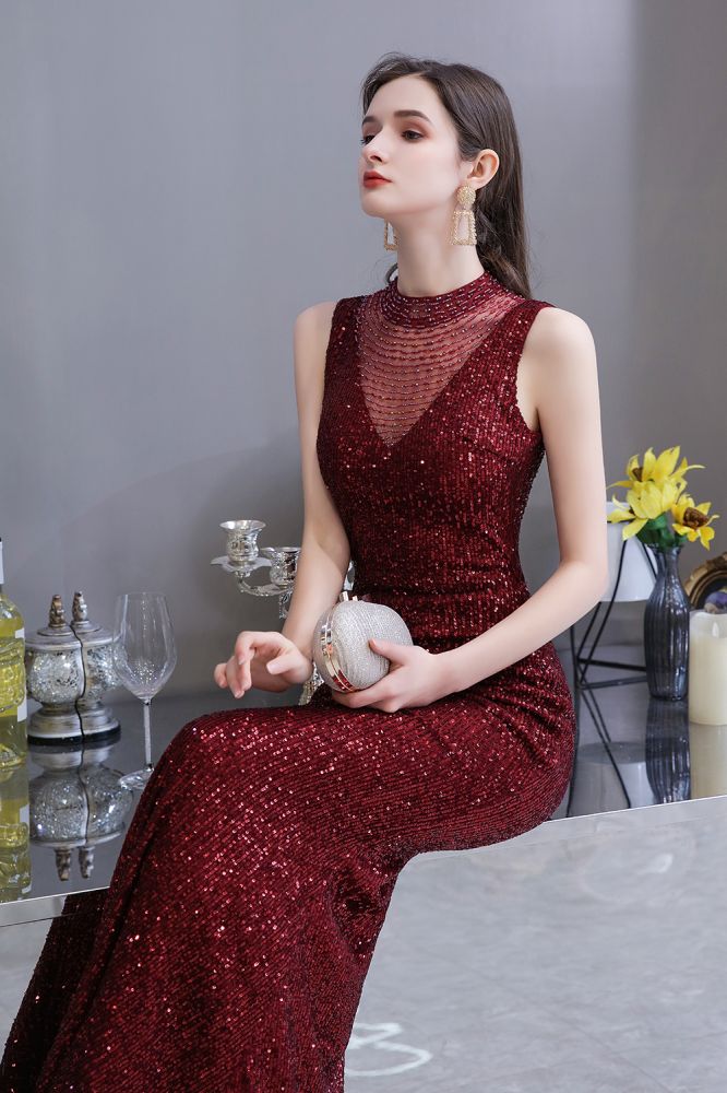 Elegant Illusion neck Burgundy Sleeveless Mermaid Prom Party Gowns - Image 6