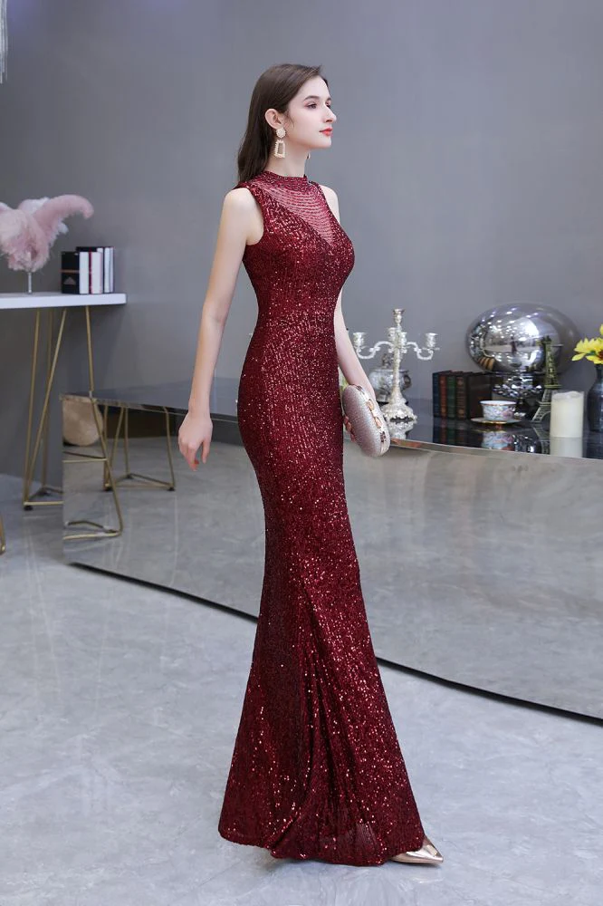 Elegant Illusion neck Burgundy Sleeveless Mermaid Prom Party Gowns - Image 9