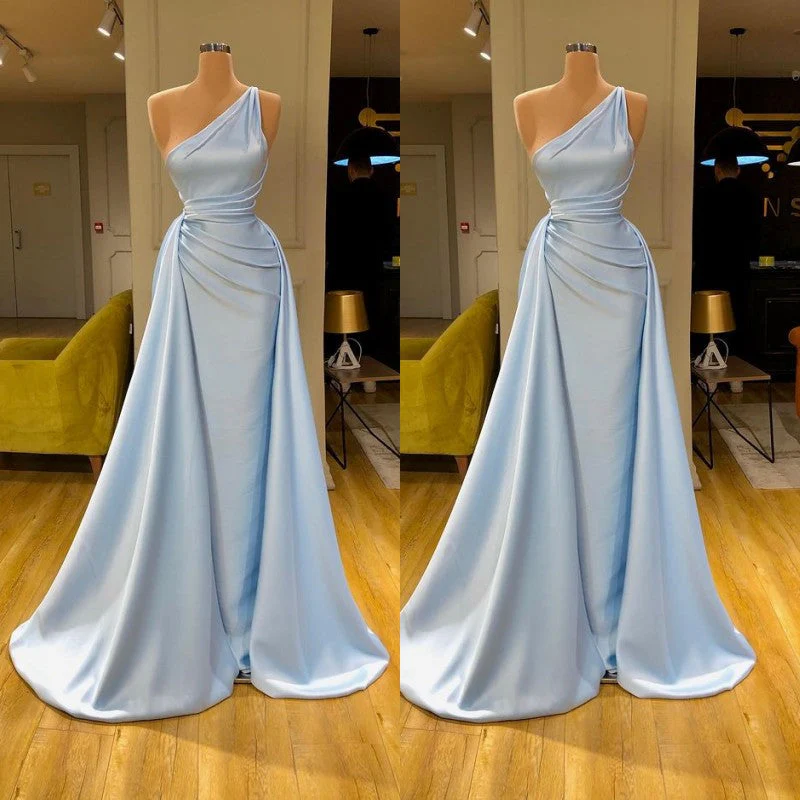 Elegant Light Blue One-shoulder Overskirt Soft-pleated Prom Dress - Image 2