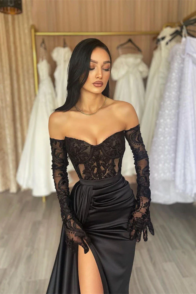 Charming Long Black Off-the-Shoulder Lace Mermaid Long Sleeves Prom Dresses Long Slit Online - Image 2