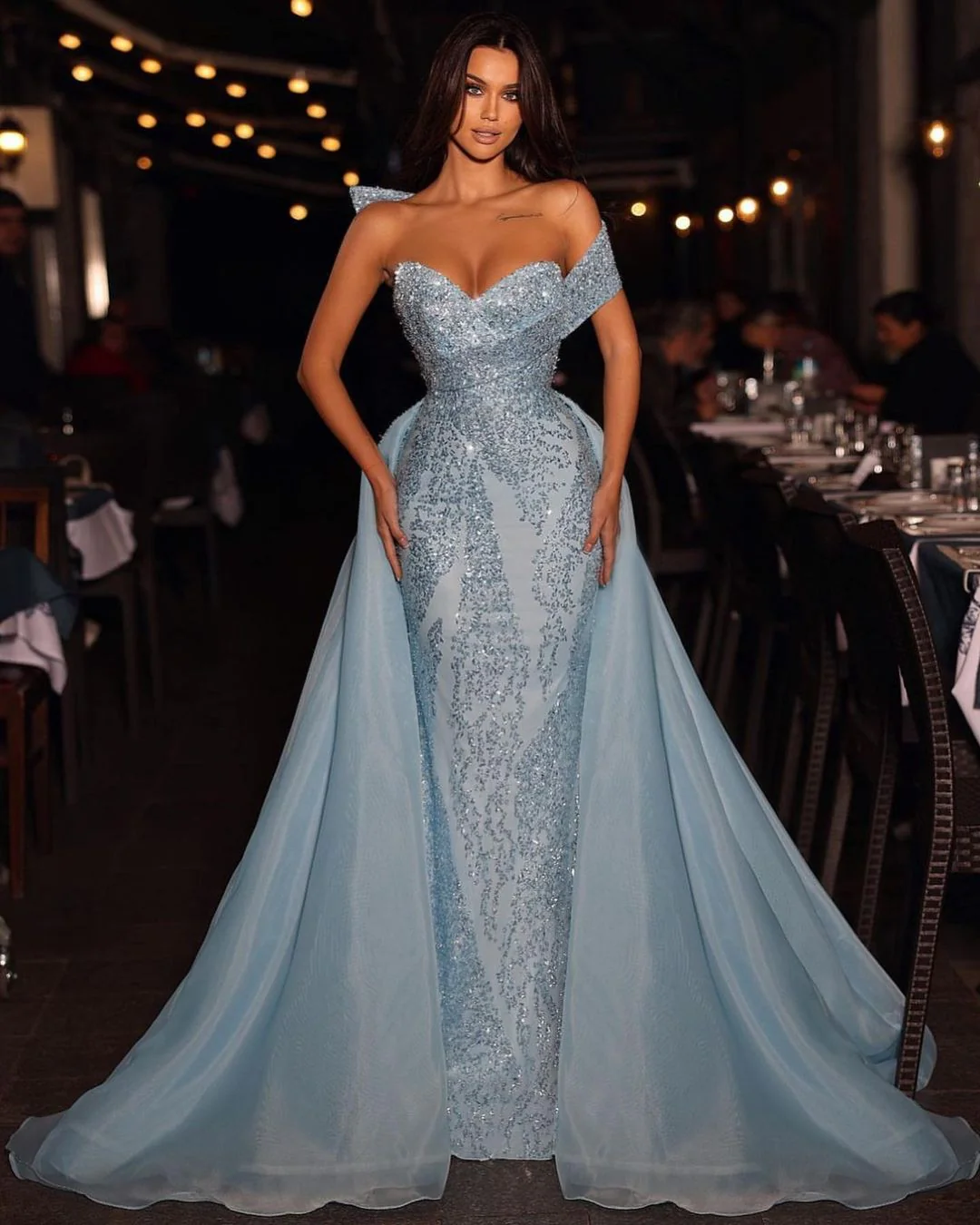 Gorgeous Long Blue A-line Off-the-shoulder Sleeveless Sequined Prom Dress With Detachable Train - Image 2