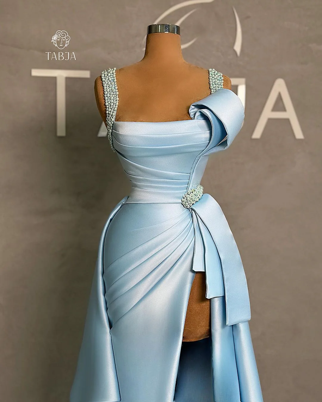 Classic Long Blue A-line Straps Pearls Sleeveless Prom Dress With Slit - Image 2