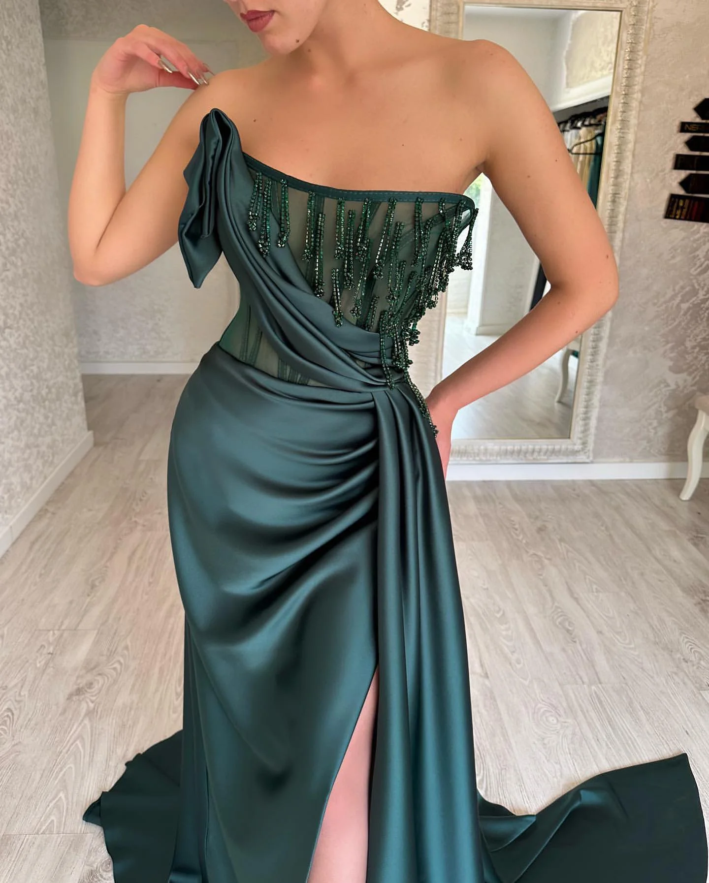 Charming Long Dark Green Sleeveless Beading Prom Dresses Long Slit Online - Image 5